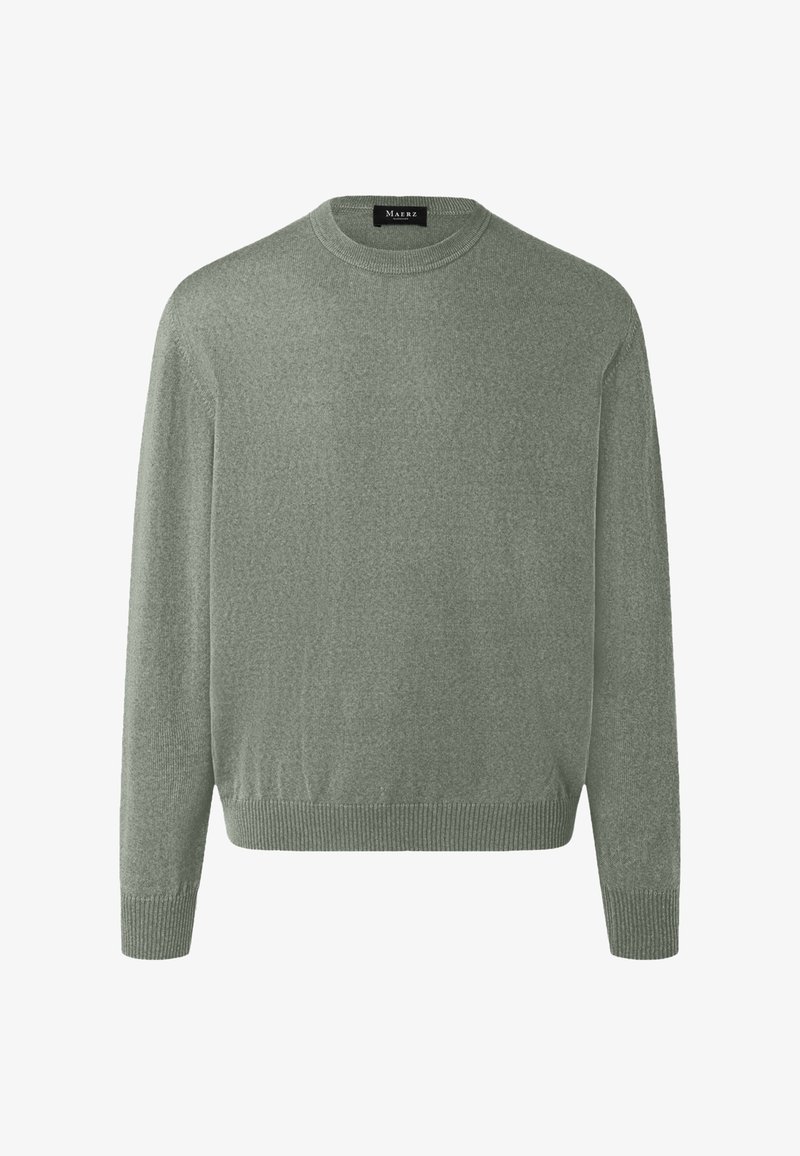 Miękki, jasnozielony sweter z długim rękawem i okrągłym dekoltem, z prążkowanymi mankietami i obrębem, ułożony płasko na białym tle.