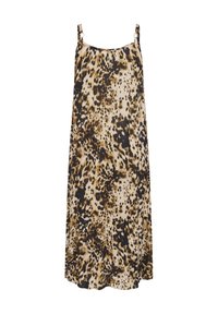 Robe à imprimé léopard en beige, marron et noir. Tissu léger avec une coupe ample. Caractérisée par des fines bretelles avec des accents métalliques.