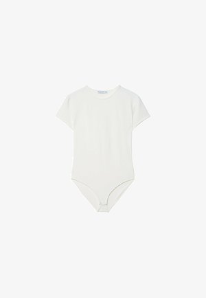 Biały bodysuit z krótkim rękawem wykonany z miękkiego, elastycznego materiału. Posiada okrągły dekolt oraz zapięcie na napy na dole dla łatwego zakupu.
