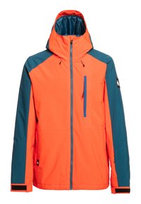 Veste orange vif avec des accents bleu sarcelle, fermeture éclair à l'avant, capuche ajustable et poches. Texture douce et design sportif.