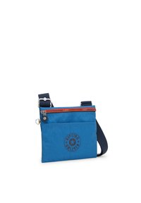 Borsa a tracolla blu in nylon con cerniera arancione, dettaglio logo frontale, tracolla regolabile e texture liscia. Design compatto per l'uso quotidiano.
