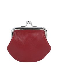 Väike punane nahkne mündikott, millel on hõbedane metallist lukustus, paigutatud valgele taustale.