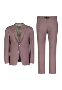 Zweiteiliges Anzugset aus leichtem Mauve-Stoff. Der Blazer verfügt über Reverskragen, zwei Knöpfe und eine Brusttasche. Die Hose hat einen Kordelzug an der Taille.