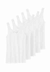 Five white, cotton tank tops with wide straps and a smooth texture, featuring a classic scoop neckline and straight hem.