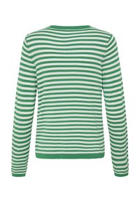 Pull-over rayé vert et blanc, manches longues, encolure ronde, poignets et ourlet côtelés, texture lisse, coupe décontractée, design minimaliste.