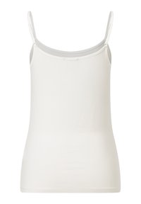 Weißes ärmelloses Top mit dünnen Trägern. Hergestellt aus glattem Stoff mit einer taillierten Passform, verfügt es über einen schlichten, einfarbigen Rücken ohne Muster oder Akzente.
