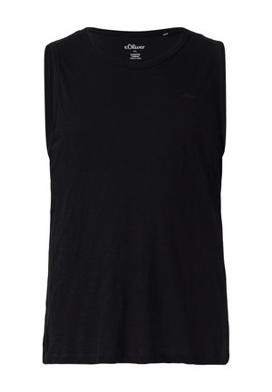Schwarzes ärmelloses Oberteil mit rundem Ausschnitt, aus weichem Stoff gefertigt. Verfügt über ein dezentes Logo auf der Vorderseite und einen lässigen Schnitt. Glatte Textur.