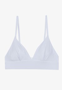 Bralet alb, triangular, cu bretele subțiri și ajustabile și o bandă lată. Fabricat dintr-un material neted, fără umplutură sau accesorii.