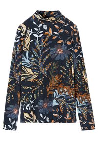 Långärmad marinblå topp med hög krage, som har livliga mönster av orange, grön, vit och blåa blommor och blad.