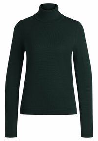 Mörkgrön polotröja gjord av ribbad stickad material, med långa ärmar och en åtsittande design, med en slät yta genom hela plagget.