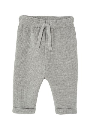 Gray toddler pants with a textured fabric, elastic waistband, and tied drawstring, featuring cuffed leg openings.