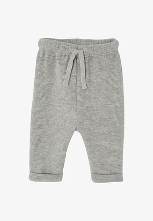 Gray toddler pants with a textured fabric, elastic waistband, and tied drawstring, featuring cuffed leg openings.