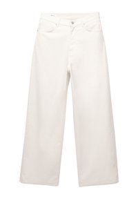 Vita vida byxor i denim med breda ben, som har en klassisk 5-fickorsdesign, metallknappstängning och sömnadsdetaljer längs sömmarna.