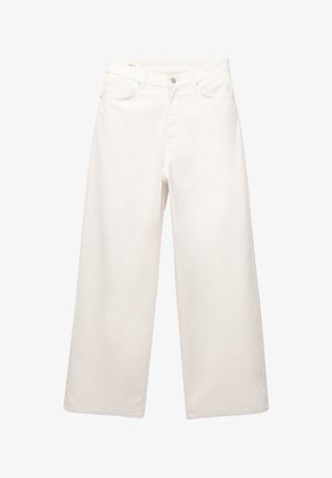 Weiße weit geschnittene Jeans aus Denim mit klassischem 5-Taschen-Design, metallischem Knopfverschluss und gestickt Details entlang der Nähte.