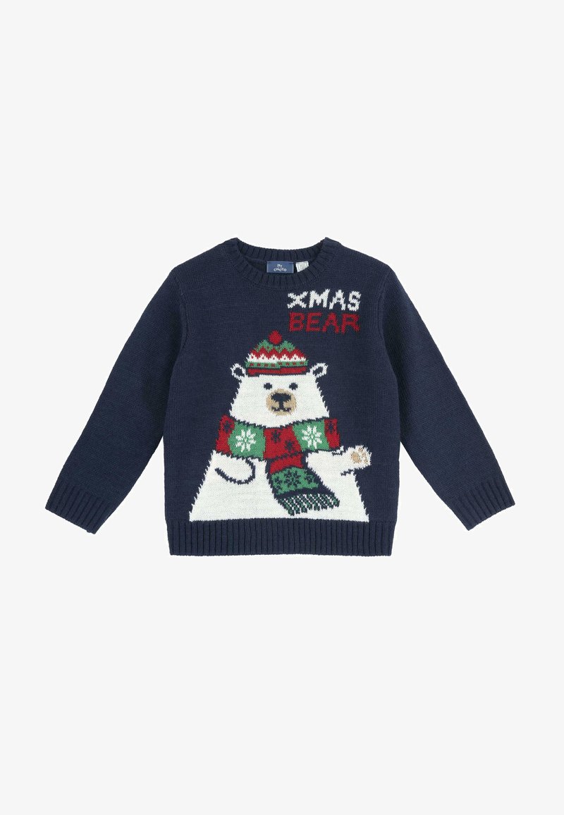 Pullover di maglia blu navy con design di un orso polare, con accenti rossi, verdi e bianchi. Collo rotondo e polsini a coste.