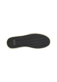 Suola di scarpa in gomma nera con motivo a zig-zag, caratterizzata da un bordo di colore crema. Un logo è impresso in un'area rettangolare sulla suola.