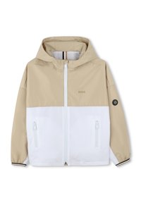 Giacca con cappuccio beige e bianca, caratterizzata da una chiusura a zip completa, due tasche con zip e un dettaglio con logo sul petto. Tessuto morbido e liscio.