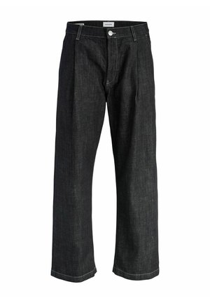 Črne ravne kavbojke iz jeansa z gubami spredaj, zapiranjem na gumbe, zankami za pas in vidnimi belimi šivi.