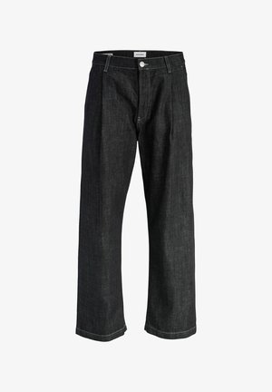 Jean en denim noir à jambe droite avec plis sur le devant, fermeture par boutons, passants pour ceinture et surpiqûres blanches visibles.