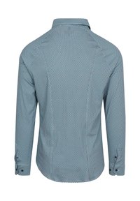 Lange mouwen blouse in lichtblauw met een geometrisch patroon, met een klassieke kraag, ronde zoom en dubbele knoopmanchetten.