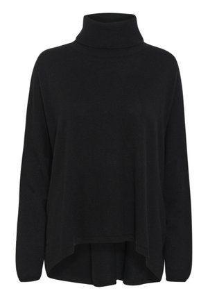 Pull en maille noir à col roulé avec des manches longues, coupe décontractée et ourlet arrondi, présentant une texture douce et sans matériel ou motifs visibles.