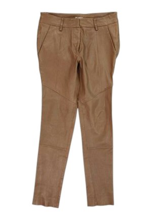 Brown leather slim-fit trousers with belt loops, front pockets, and visible seam detailing across legs.
