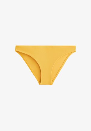 Geel bikini onderstuk met een ribbelstructuur, lage taille en minimale bedekking met soepele naden.