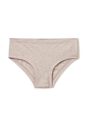 Lichtbeige katoenen damesonderbroeken met een naadloze tailleband en een gladde, zachte textuur, plat gelegd op een witte achtergrond.