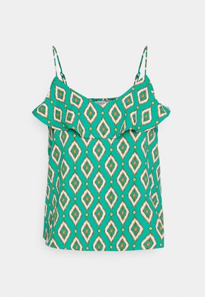Blusa verde com padrão, apresentando um decote com babados, alças finas ajustáveis e formas de diamante em amarelo e branco.