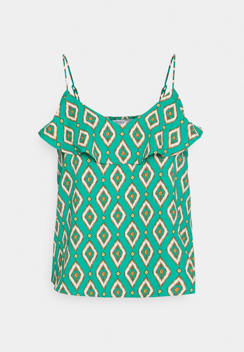 Blusa verde com padrão, apresentando um decote com babados, alças finas ajustáveis e formas de diamante em amarelo e branco.