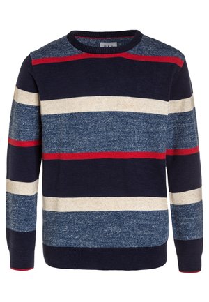 Mørkeblå sweater med vandrette striber i mørkeblå, lyseblå, creme og rød. Har en ribstrikket rund hals og lange ærmer.