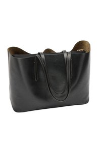 Czarna skórzana torba typu tote o gładkiej fakturze, zamykana na zamek błyskawiczny, z dwoma długimi uchwytami. Charakteryzuje się minimalistycznym designem i zaokrąglonym, otwartym wierzchem.