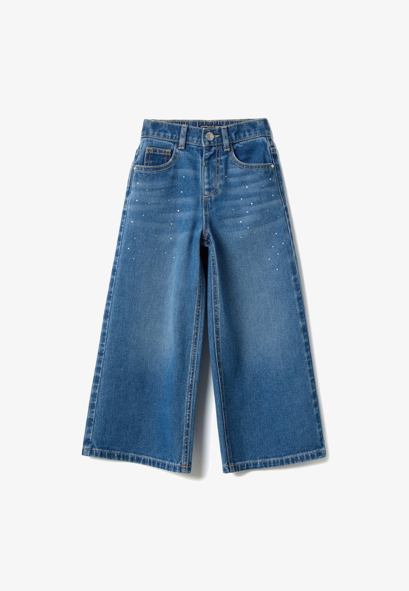 Blauwe denim spijkerbroek met wijde pijpen en glinsterende versieringen op de voorzakken, voorzien van een knoopsluiting en het traditionele ontwerp met vijf zakken.