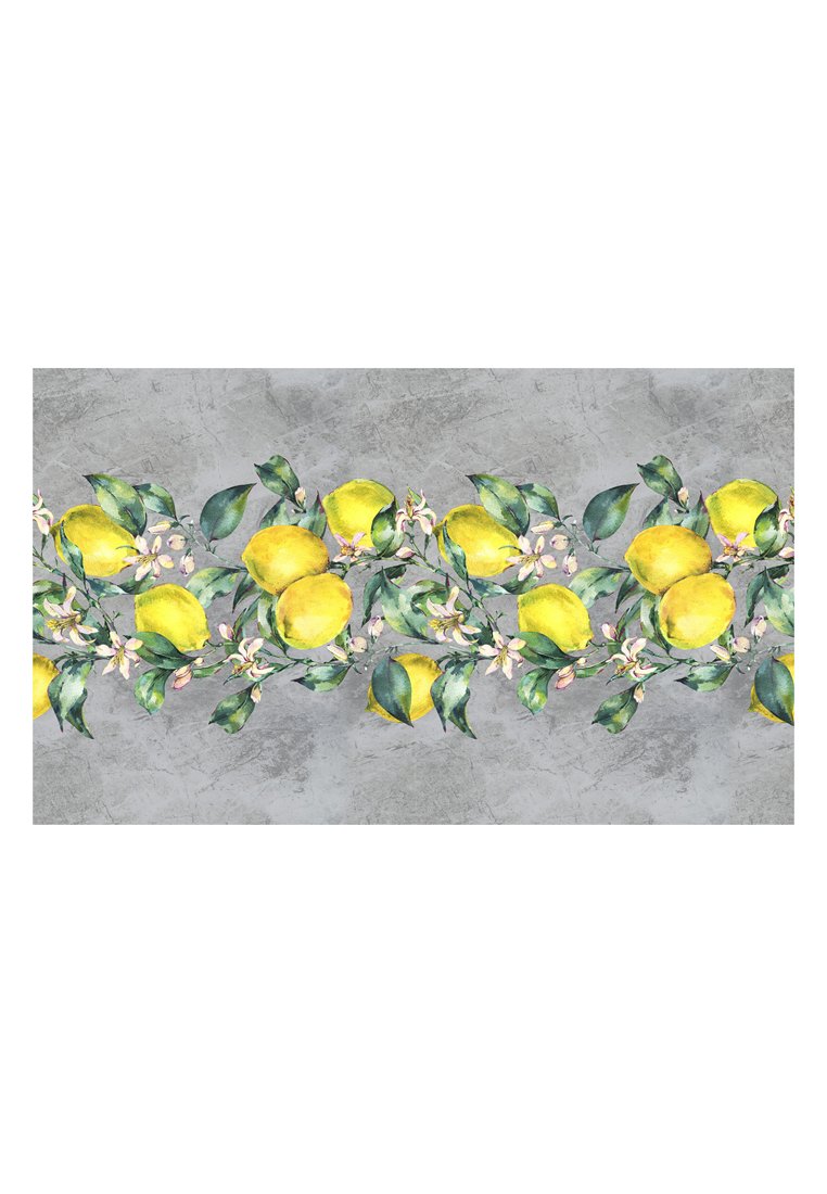 Wzór tapety kwiatowej z żółtymi cytrynami, zielonymi liśćmi i różowymi kwiatami na teksturowanym szarym tle. Układ poziomy.