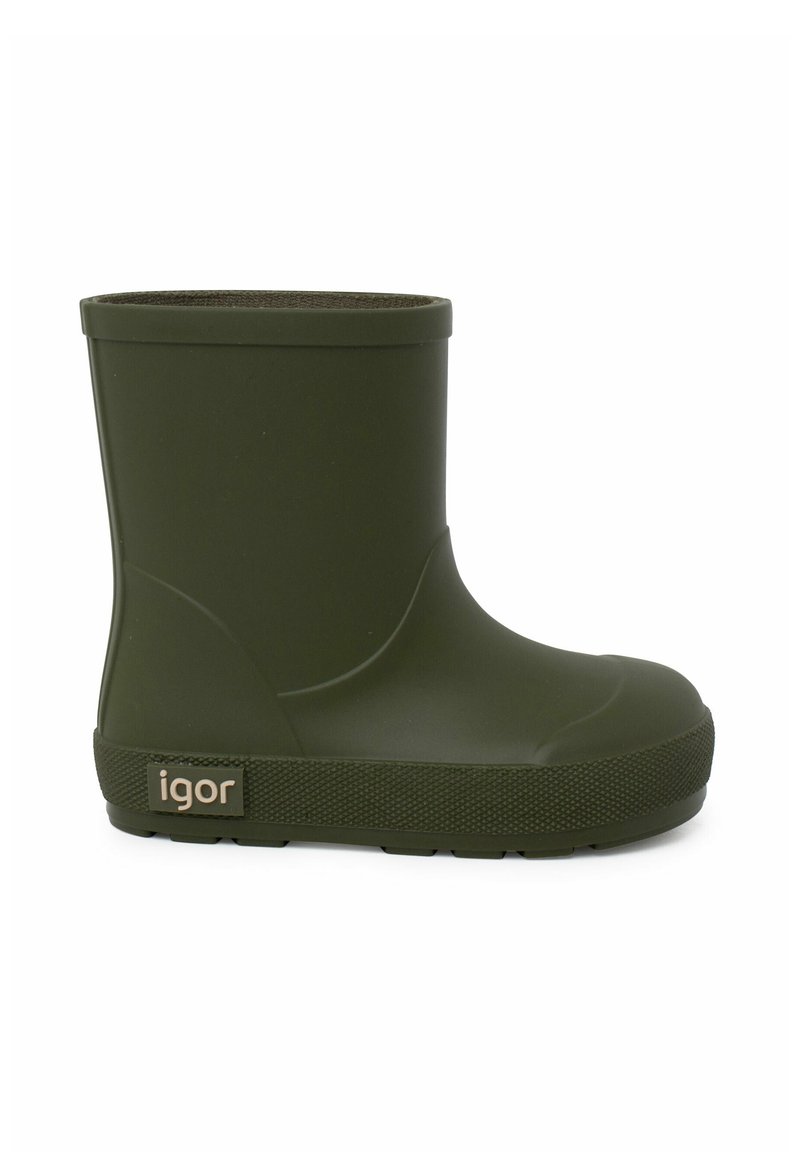 Stivale da pioggia verde in gomma con punta arrotondata, design a caviglia bassa e suola testurizzata. Presenta un piccolo logo "igor" sul lato.