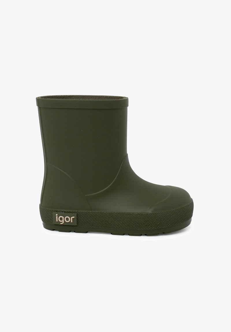 Botte de pluie en caoutchouc verte avec un bout arrondi, un design de cheville basse et une semelle texturée. Présente un petit logo "igor" sur le côté.