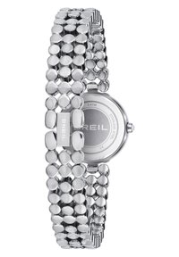 Sølv rustfrit stål ur med et struktureret oval-leddelt armbånd og rund urskive. Har en glat overflade og præget mærkenavn. Vandafvisende op til 3 ATM.