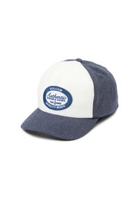 Blauwe en witte pet met een gestructureerde vorm, voorzien van een denimtextuur, vooraan een logopatch en een gebogen klep. Gemaakt van een katoenmix.