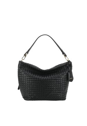 Schwarze Handtasche aus gewebtem Leder mit einem einzelnen Schulterriemen und einem kleinen Lederanhänger mit dem eingeprägten Markennamen "abro".