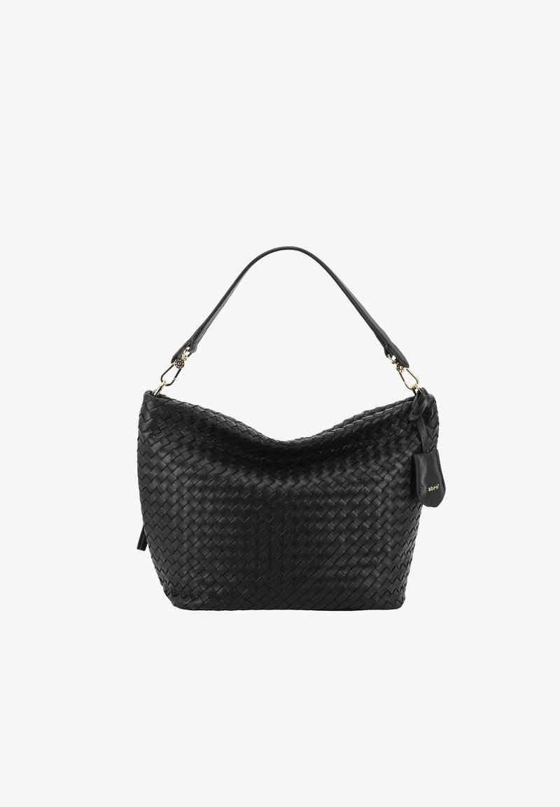 Black woven leather handbag with a single shoulder strap and a small leather tag embossed with the brand name "abro".