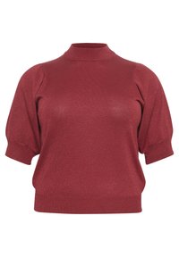 Burgundowy wełniany top z krótkimi puff sleeves, wysokim dekoltem i subtelną fakturą połysku. Charakteryzuje się luźnym krojem i ściągaczami przy rękawach.