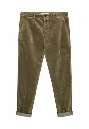 Herren olivgrüne Cordhose mit Vordertaschen, Knopfverschluss, Gürtelschlaufen und hochgekrempelten Bündchen.