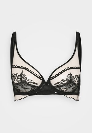 Black lace bra featuring sheer panels, floral embroidery, underwire support, and scalloped edges. Adjustable straps enhance fit.