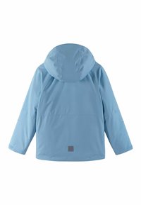 Light blue waterproof jacket with hood, long sleeves, and elastic cuffs, shown from the back against a white background.