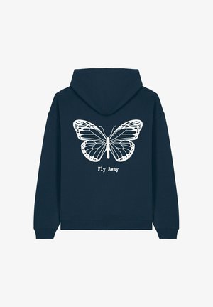 Námořnický modrý mikina s kapucí se na přední straně nachází velký bílý motiv motýla a text "Uletět" pod ním. Měkká tkanina, uvolněný střih.