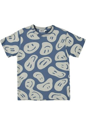 Blaues Kurzarmhemd mit unregelmäßigen beigen Smiley-Gesichtsformen, die überall gedruckt sind, und einem runden Halsausschnitt.
