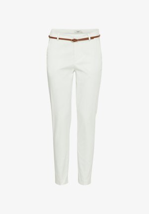 Valged kohandatud püksid, millel on pruun vöö, on disainitud naiseliku lõike ja puhta joonisega moodsa välimuse saavutamiseks. Sobivad nii iga päev kasutamiseks kui ka formalüritustele.