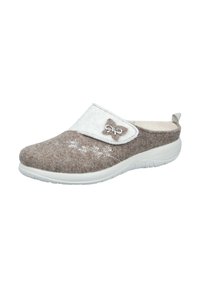 Brown felt slip-on shoe with a white top section, featuring floral embroidery and a decorative bow detail on the side. White rubber sole.