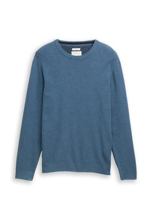 Modra pletena pulover s okroglim izrezom in dolgimi rokavi. Ima teksturirano površino ter rebrast rob in manšete.