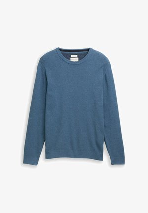 Blauwe gebreide trui met een ronde hals en lange mouwen. Heeft een gestructureerd oppervlak en een ribbelzoom en -manchetten.
